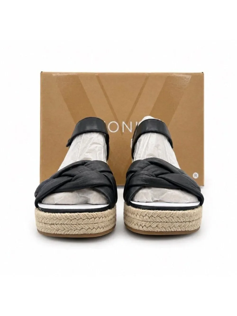 Vionic Saratoga Supportive Black Leather Espadrille Wedge Sandals Womens 6
